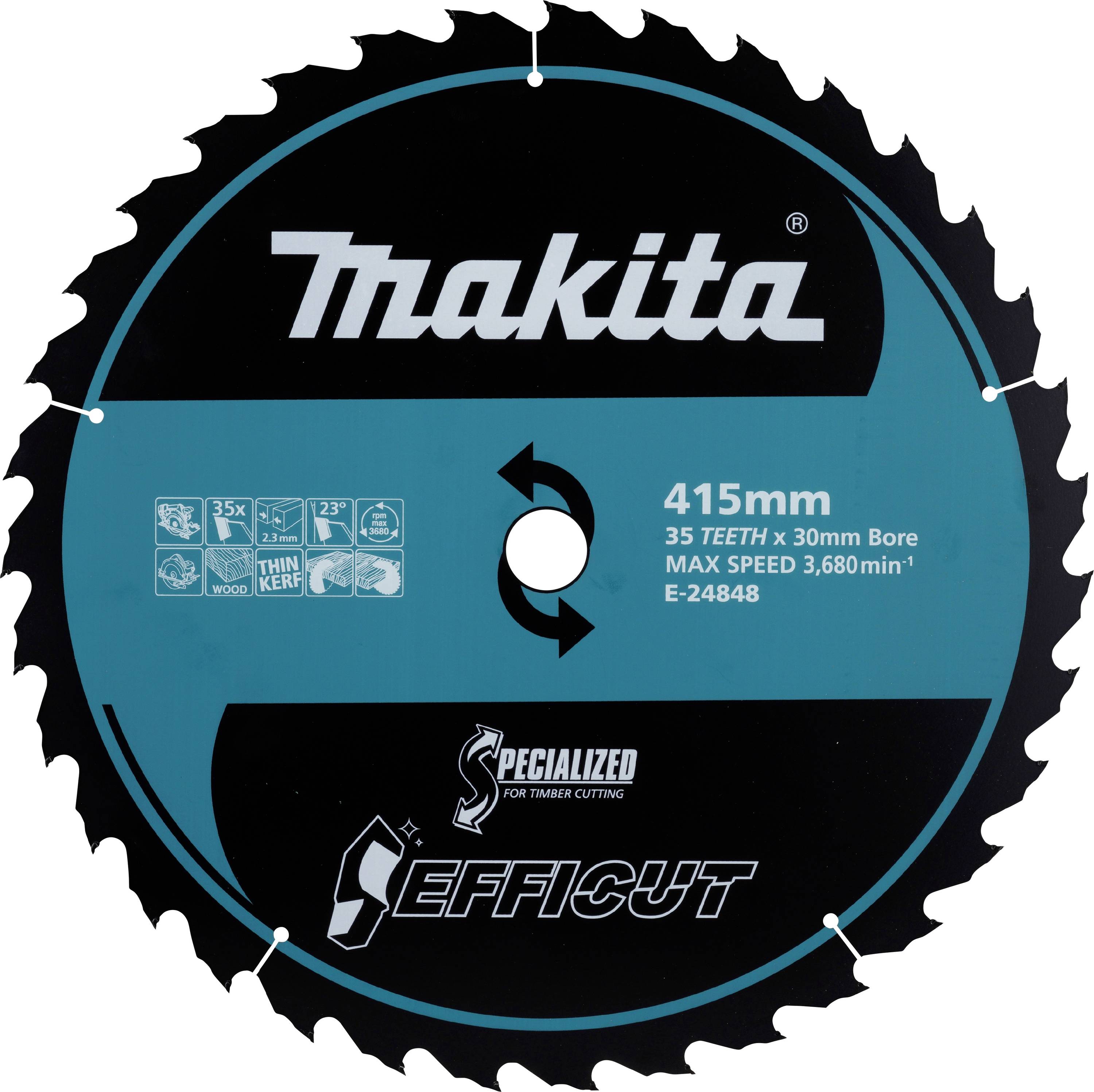 Pilový kotouč značky Makita, průměr 415 mm, 35 zubů, max. 3.680 otáček/min, model Efficut, vhodný pro řezání dřeva.