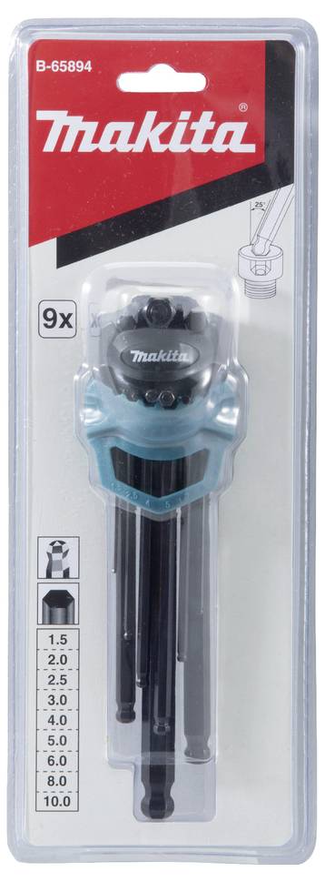 Balená sada 9 klíčů Makita se šestihranným profilem v rozsahu od 1,5 mm do 10 mm s označeným pouzdrem, zavěšená na obchodním displeji.
