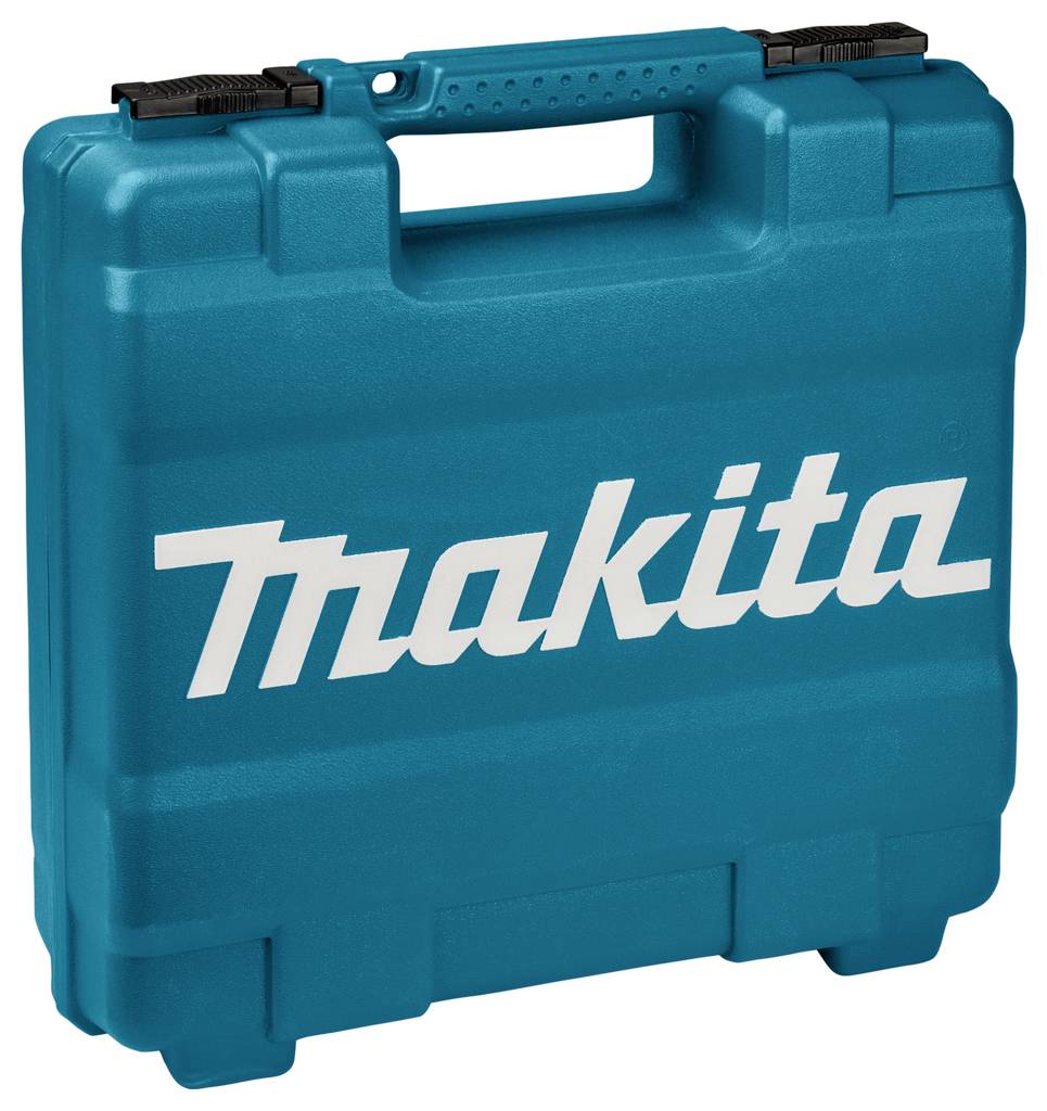 Modrý kufřík na nářadí s bílým logem 'Makita' na přední straně, určený pro přepravu a ochranu elektrického nářadí.