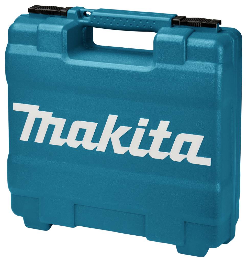 Modrý kufřík na nářadí s bílým logem značky 'Makita' na přední straně.