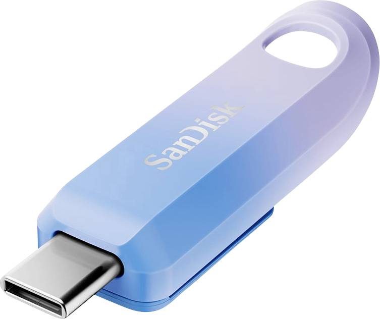 Modrý USB-C flash disk značky SanDisk, vhodný pro ukládání a přenos dat.