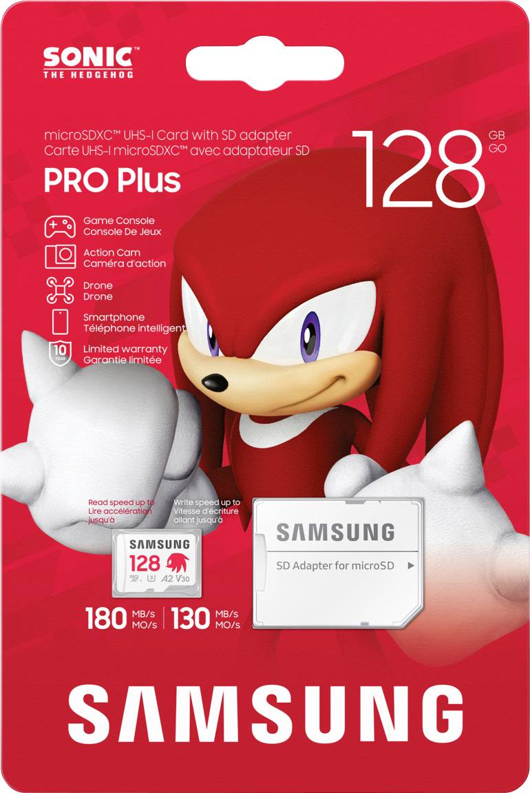 Produktová verze pro Samsung microSDXC 128GB Pro Plus s SD adaptérem. Vlastnosti: 180 MB/s čtení, 130 MB/s zápis. Motiv Sonic the Hedgehog.