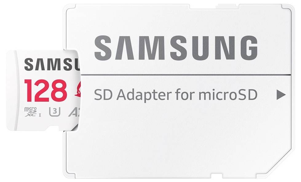 Paměťová karta Samsung microSD s kapacitou 128 GB a SD adaptérem.