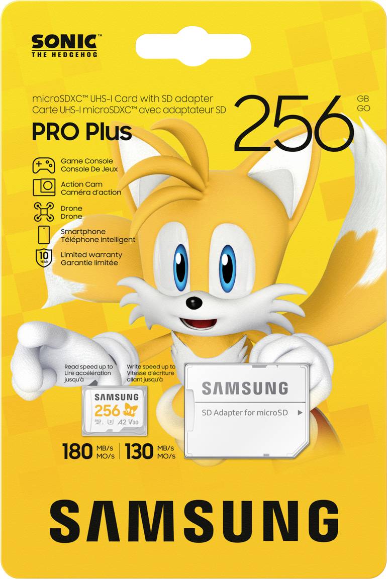 'Paměťová karta Samsung PRO Plus 256GB s SD adaptérem, vhodná pro herní konzole a smartphony. Rychlost čtení: 180 MB/s.'