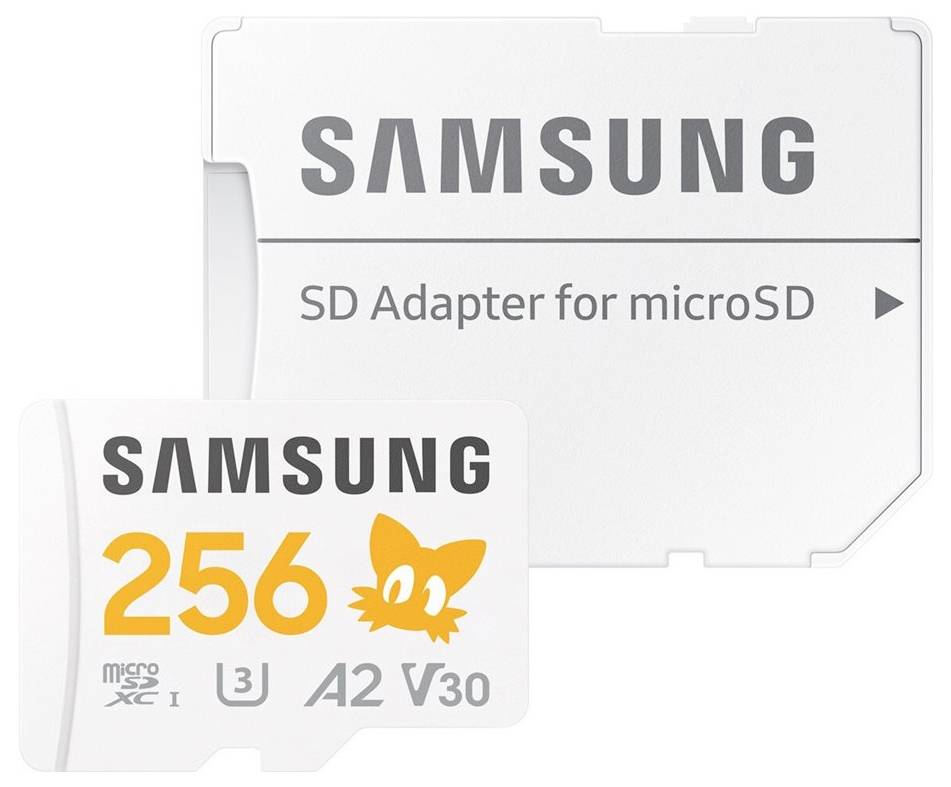 'Paměťová karta Samsung microSD o kapacitě 256 GB s příslušným SD adaptérem, obě v bílé barvě s oranžovým textem.'