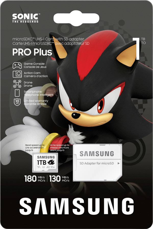 Samsung Sonic Edition - "Shadow" paměťová karta microSDXC Retail 1 TB A2 Application Performance Class, v30 Video Speed Class, UHS-I U3 Zvláštní edice „Sonic The Hedgehog“, Vodotěsný, Teplotně odolná, Odolný vůči rentgenovému záření, S magnetickou ochranou, Odolnost proti pádu, Odolné proti opotřebení, vč. SD adaptéru