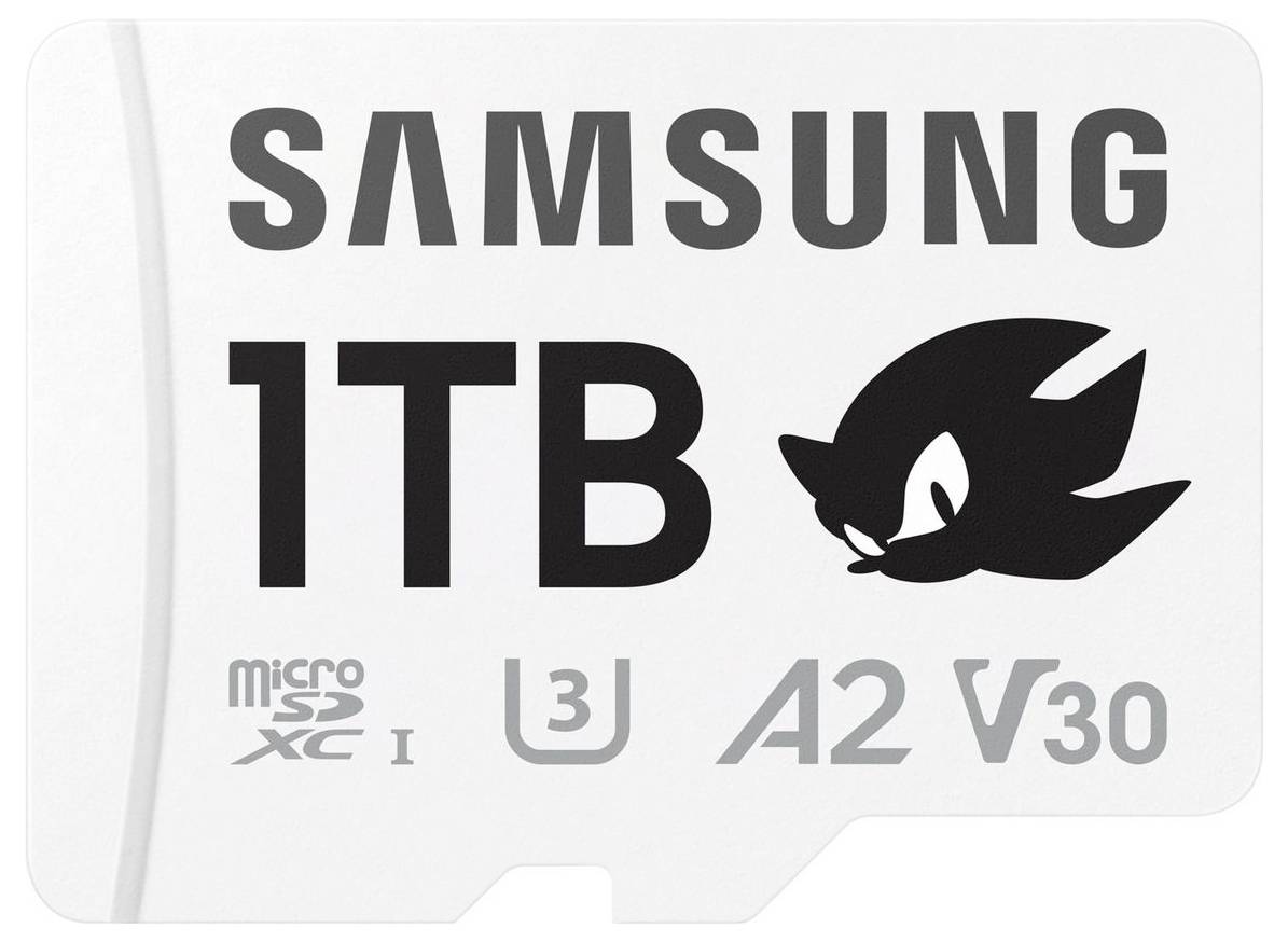 Bílá microSD karta od Samsungu s kapacitou 1 TB a rychlostními třídami U3, A2, V30.