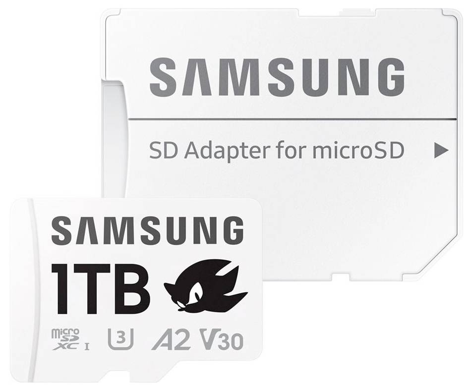 Samsung 1TB mikroSD karta s SD adaptérem, vhodná pro vysokorychlostní přenos dat, bílý design s černým potiskem.