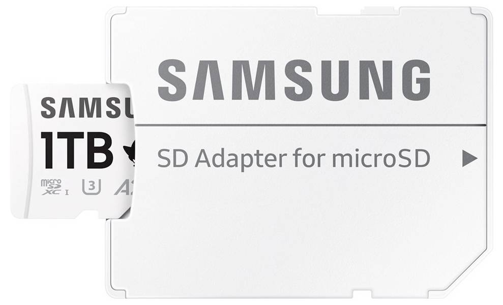 '1TB Samsung microSD karta s SD adaptérem, vhodná pro smartphony, notebooky a fotoaparáty.'