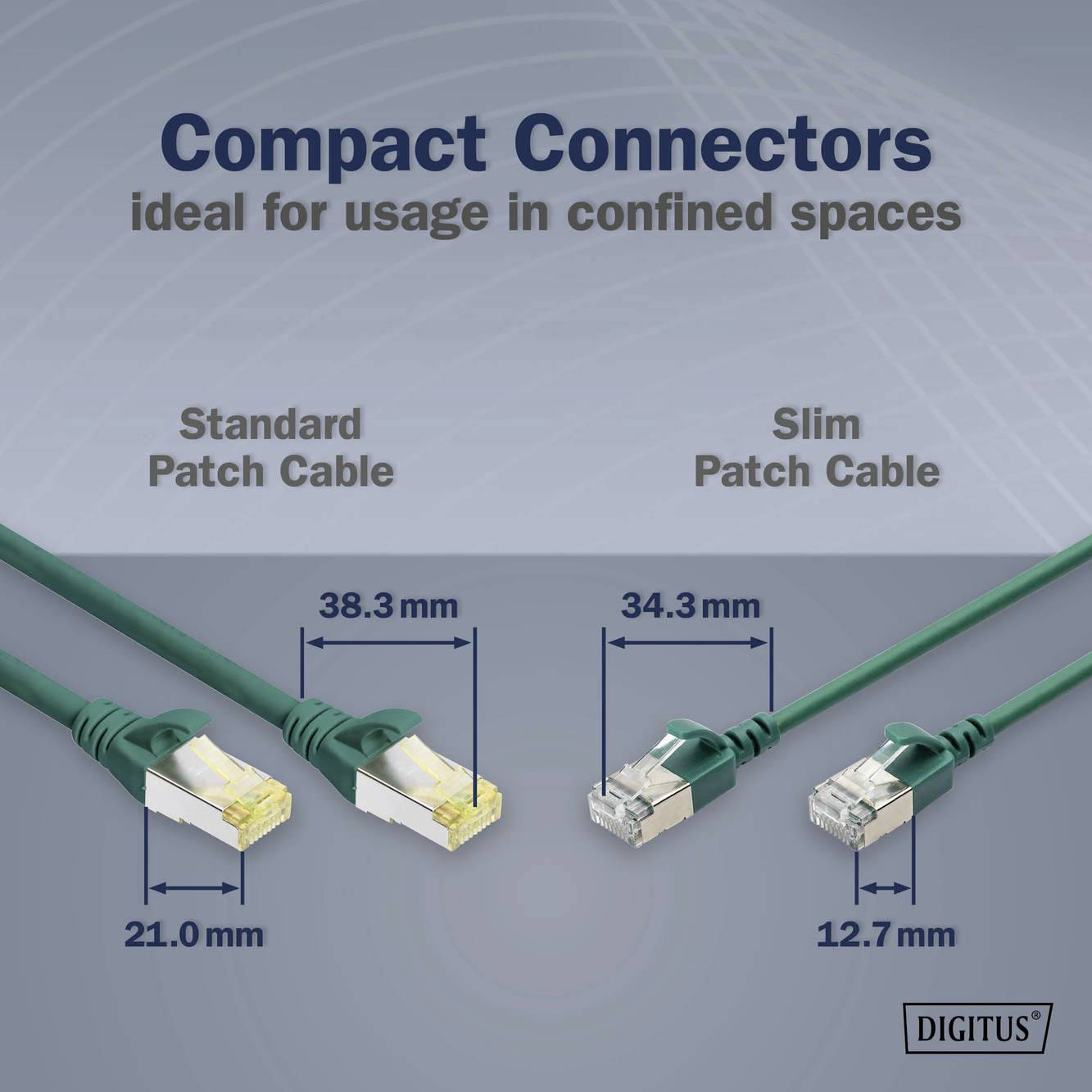 Dva síťové kabely s odlišnými konektory: 'Standardní patch kabel' o šířce 21,0 mm, 'Štíhlý patch kabel' o šířce 12,7 mm, ideální pro stísněné prostory.
