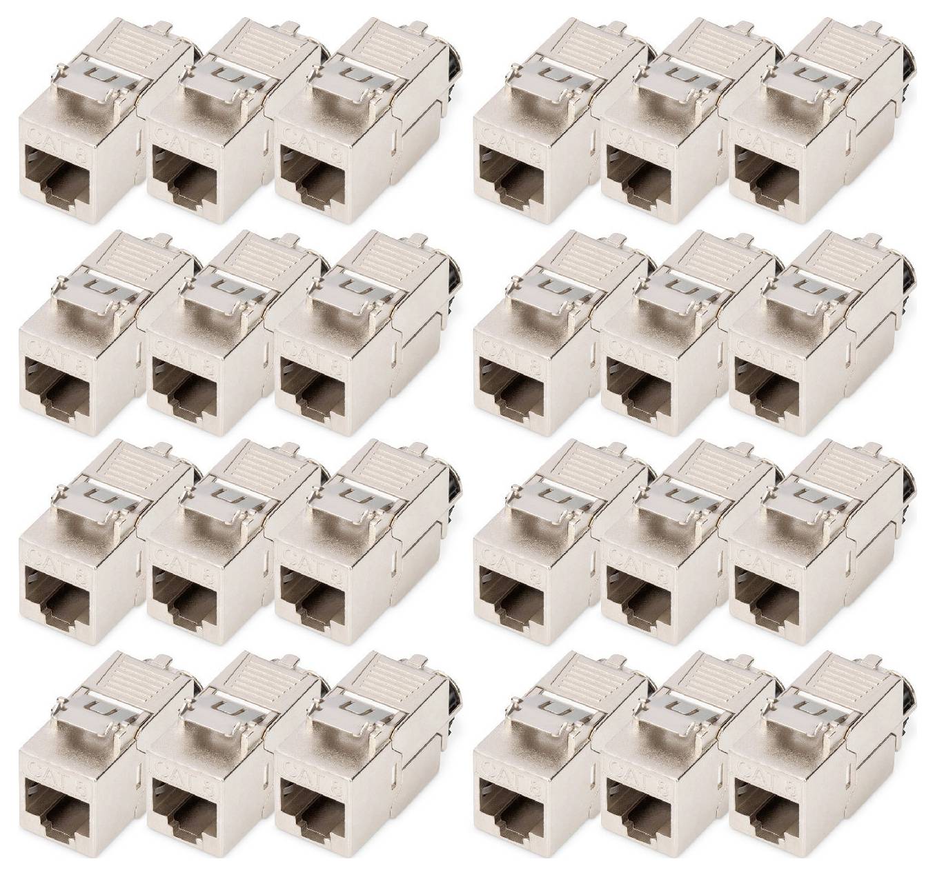 RJ45 zásuvky: 20 kusů ve 4 řadách. Vhodné pro ethernetové kabeláže, znázorňující síťová propojení.