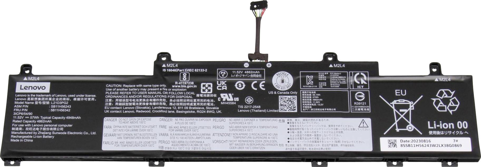 Baterie do notebooku s logem Lenovo, technickými specifikacemi a bezpečnostními upozorněními. Obsahuje symboly pro recyklaci a soulad s předpisy EU.