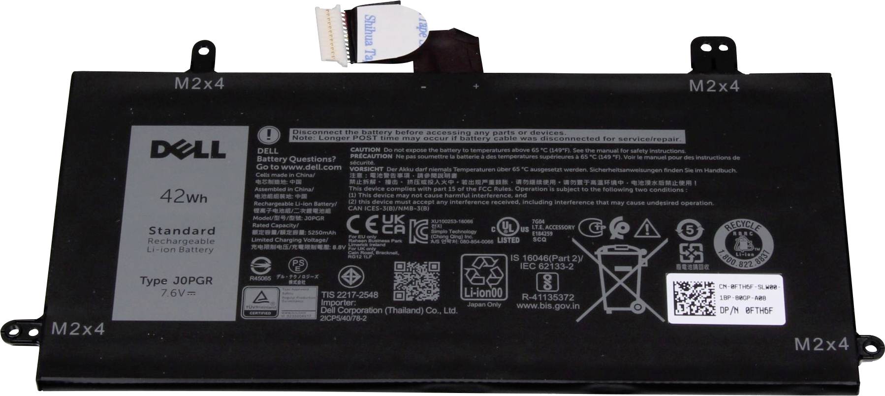 Baterie do notebooku Dell, model J0PGR, 42 Wh, 11,4 V. Zobrazuje technické detaily a symboly bezpečnosti a recyklace na povrchu baterie.