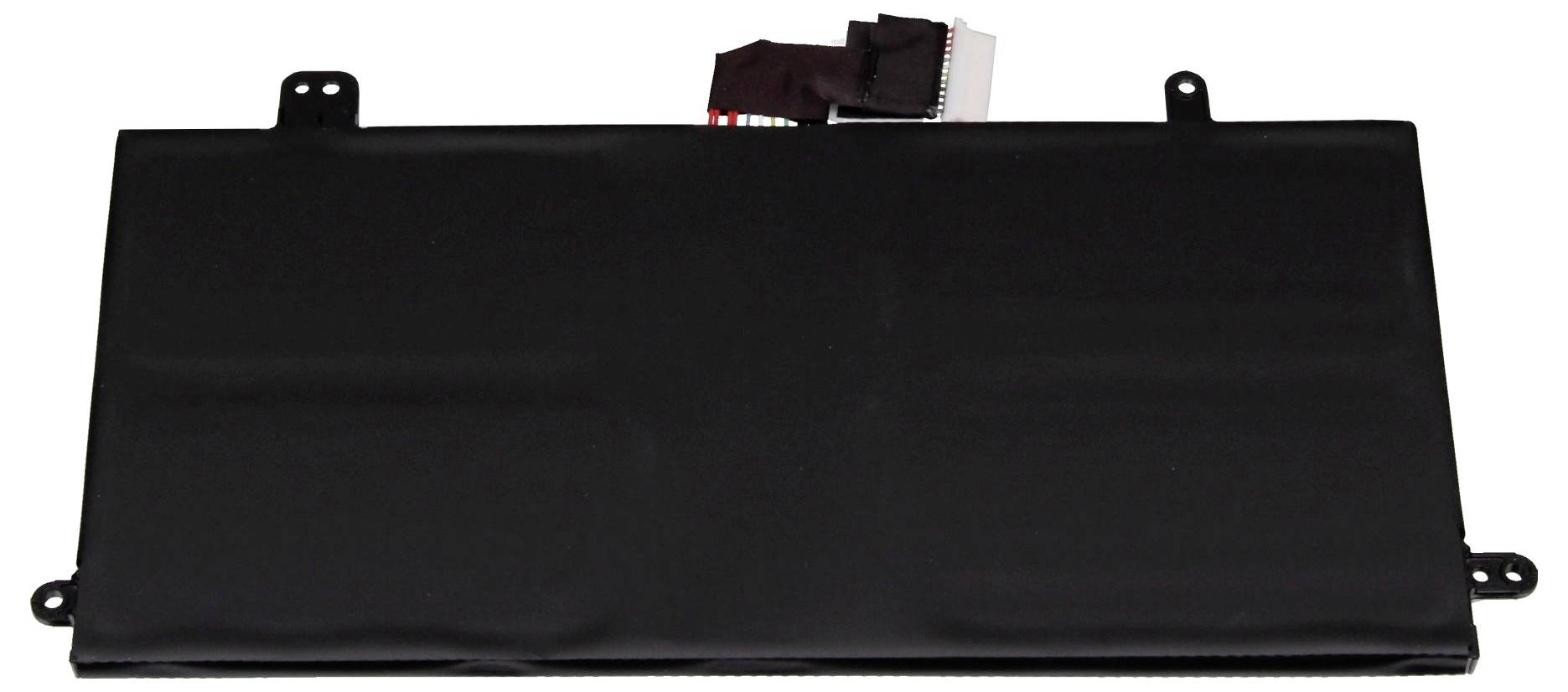 Černá baterie do notebooku s obdélníkovým tvarem a konektory nahoře. Vhodná pro výměnu v určitých modelech notebooků.