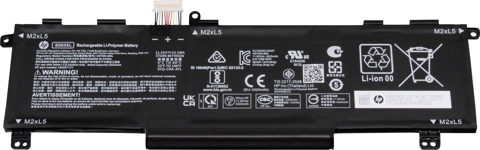 Lithium-polymerová baterie s technickými specifikacemi, bezpečnostními upozorněními a recyklačními symboly, vhodná pro určitá elektronická zařízení.