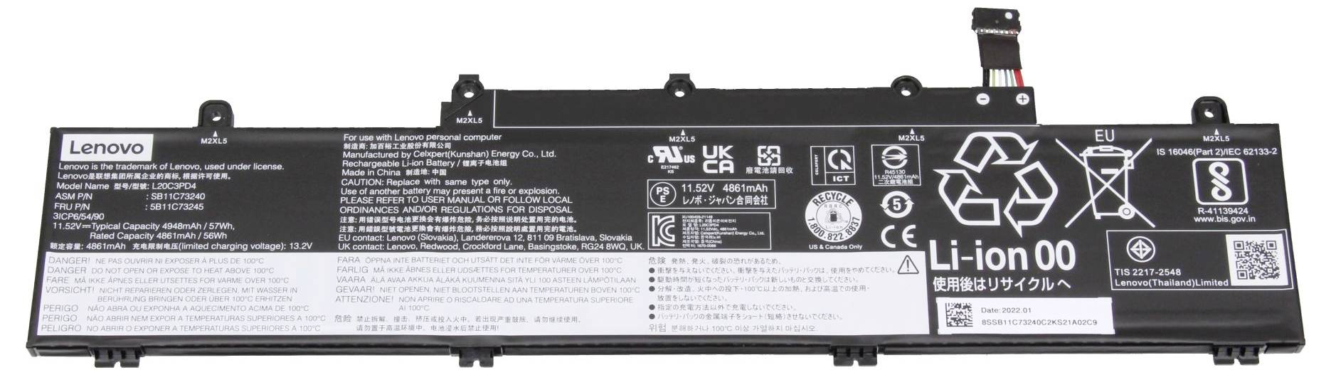 Baterie do notebooku Lenovo, Li-Ion, s údaji o kapacitě, bezpečnostními a likvidačními pokyny a informacemi o výrobci.