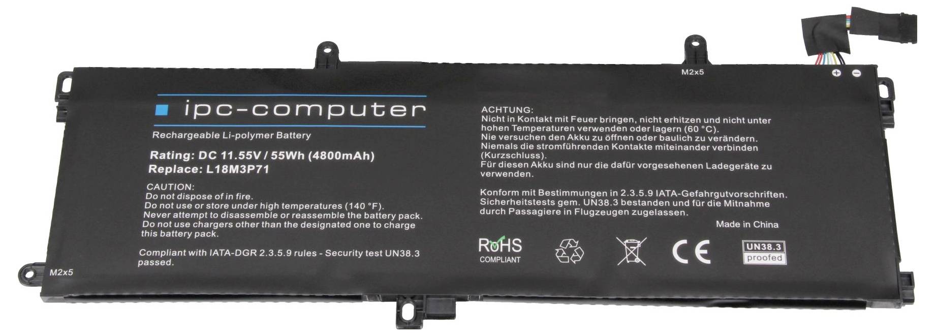 Dobíjecí lithium-polymerová baterie s napětím 11,55V/55Wh (4800mAh). Vytištěny bezpečnostní a likvidační pokyny.