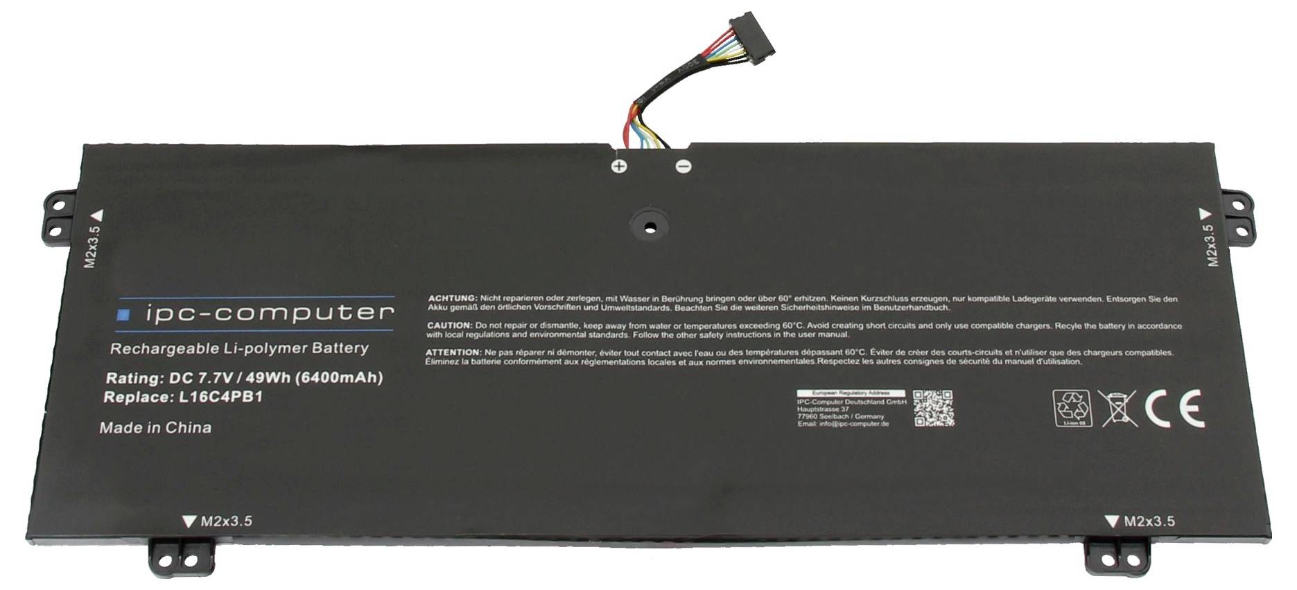 Akumulátor značky 'ipc-computer', model L16C4PB1, 7,6V, 48Wh, z Číny. Pravoúhlý s kabelovým připojením.