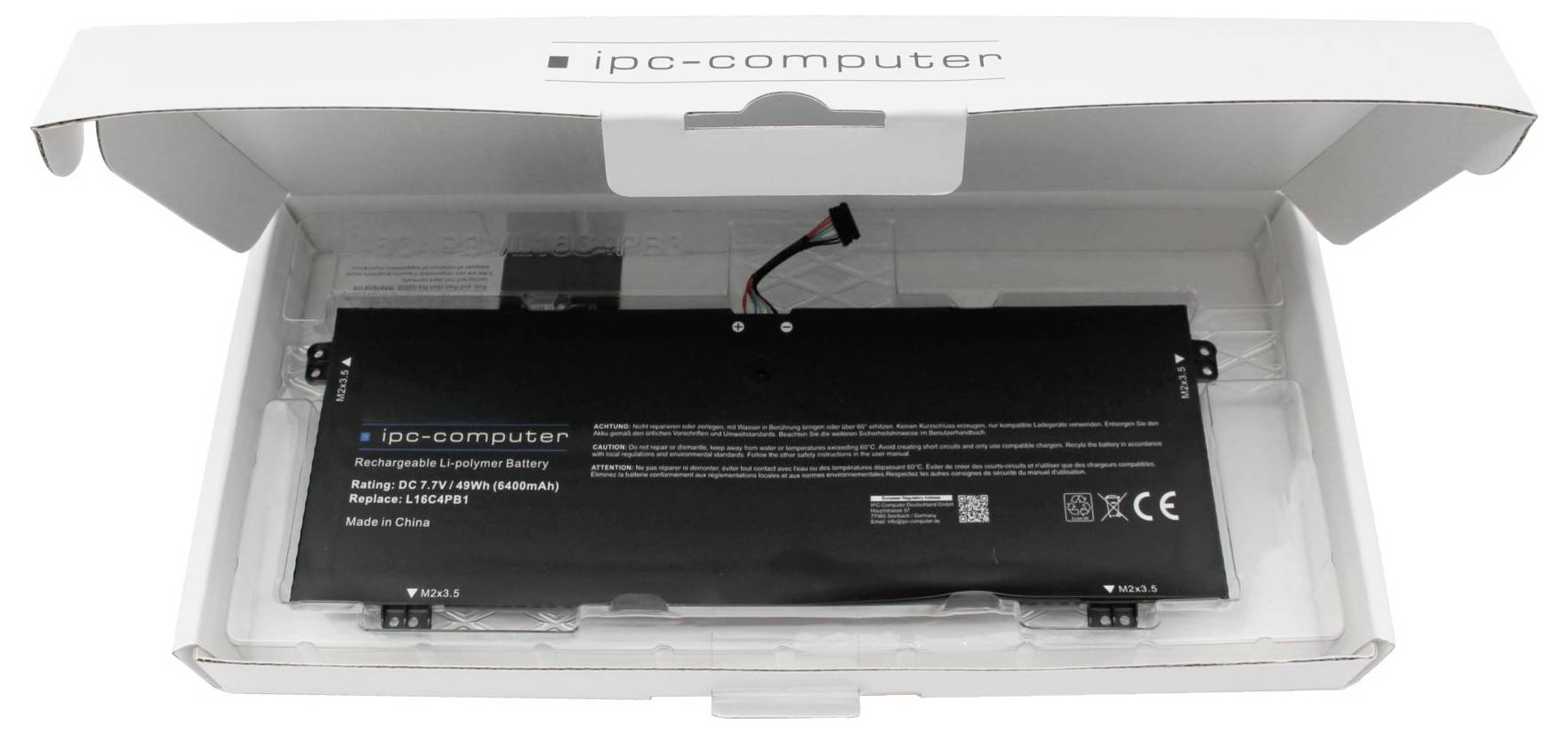 Náhradní baterie pro notebook v otevřeném obalu. Označená štítkem 'ipc-computer', model L16C3PB1, 45Wh 4050mAh, vyrobeno v Číně.