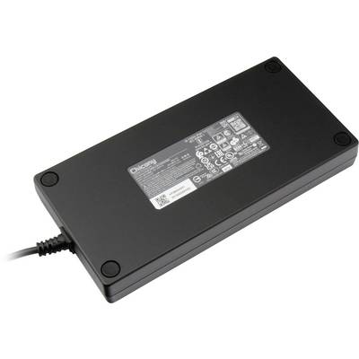 Obdélníkový napájecí adaptér pro notebook s černým tělem a různými technickými štítky, který je připojený k elektrickému zdroji kabelem.
