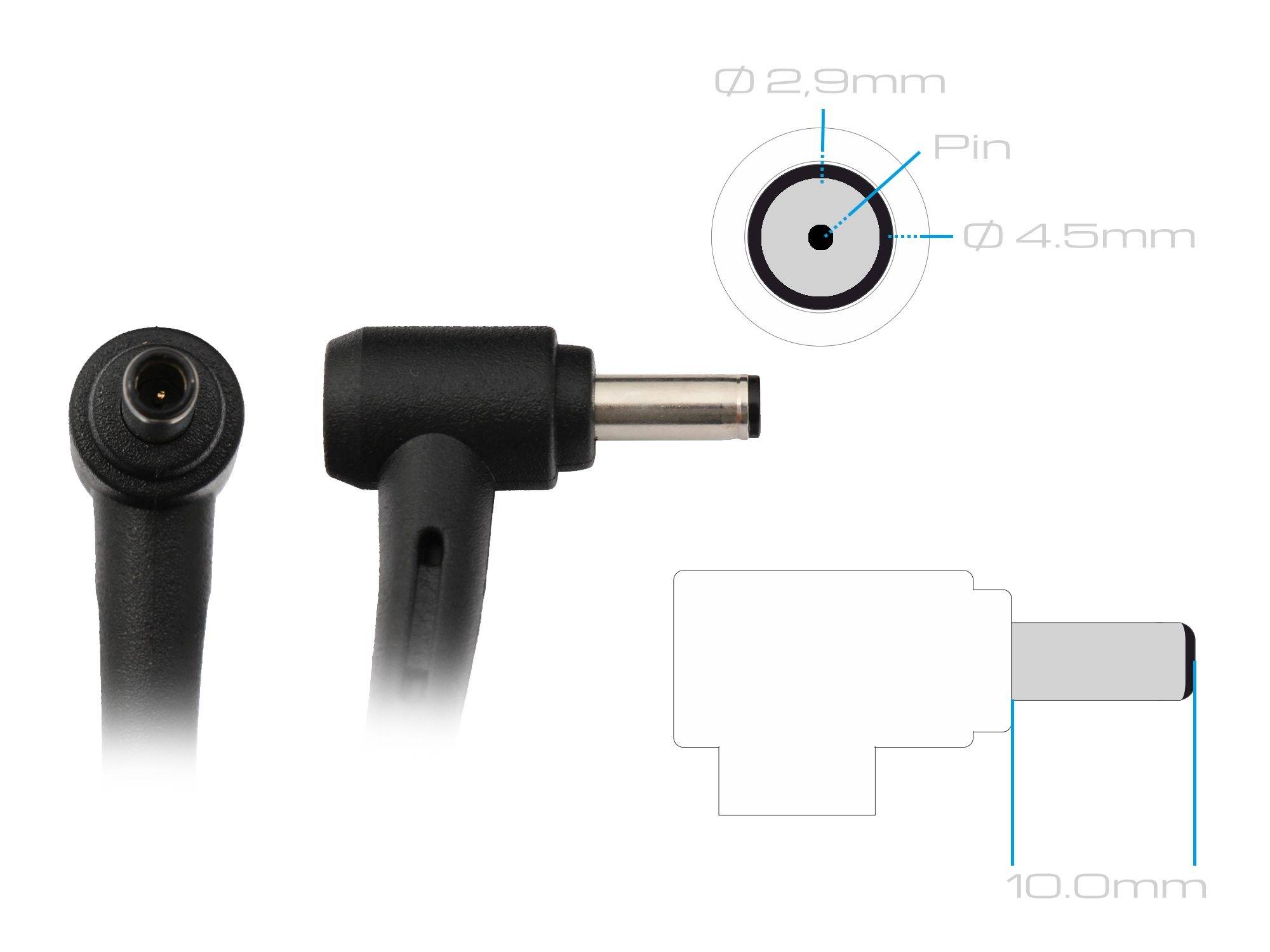 Konektor s rozměry: průměr 2,9 mm, kolík konektoru 4,5 mm, celková šířka 10 mm. Znázornění zapojení a struktury.