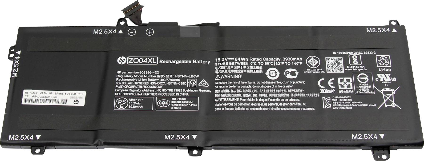 Černá baterie k notebooku s nápisy jako 'ZO04XL'. Je navržena na 15,2V, 64Wh a má výstražné štítky a certifikační loga.
