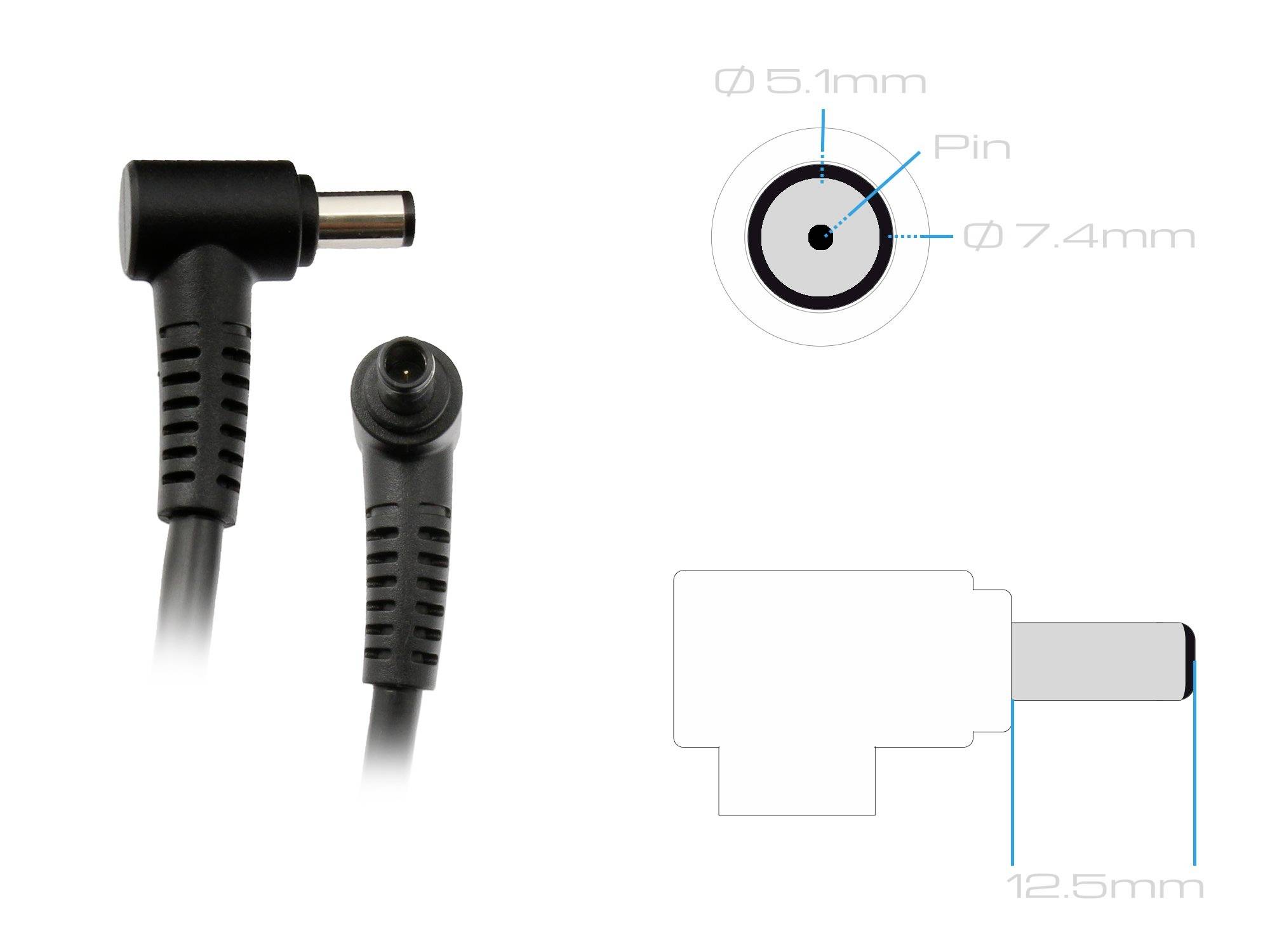 Napájecí konektor s vnitřním kolíkem 5,1 mm a vnějším průměrem 7,4 mm. Zobrazen z boku s rozměry: délka 12,5 mm.