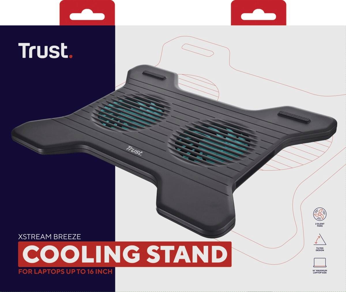 Chladicí stojan Trust Xstream Breeze pro laptopy do 16 palců, se dvěma ventilátory pro lepší chlazení notebooku.