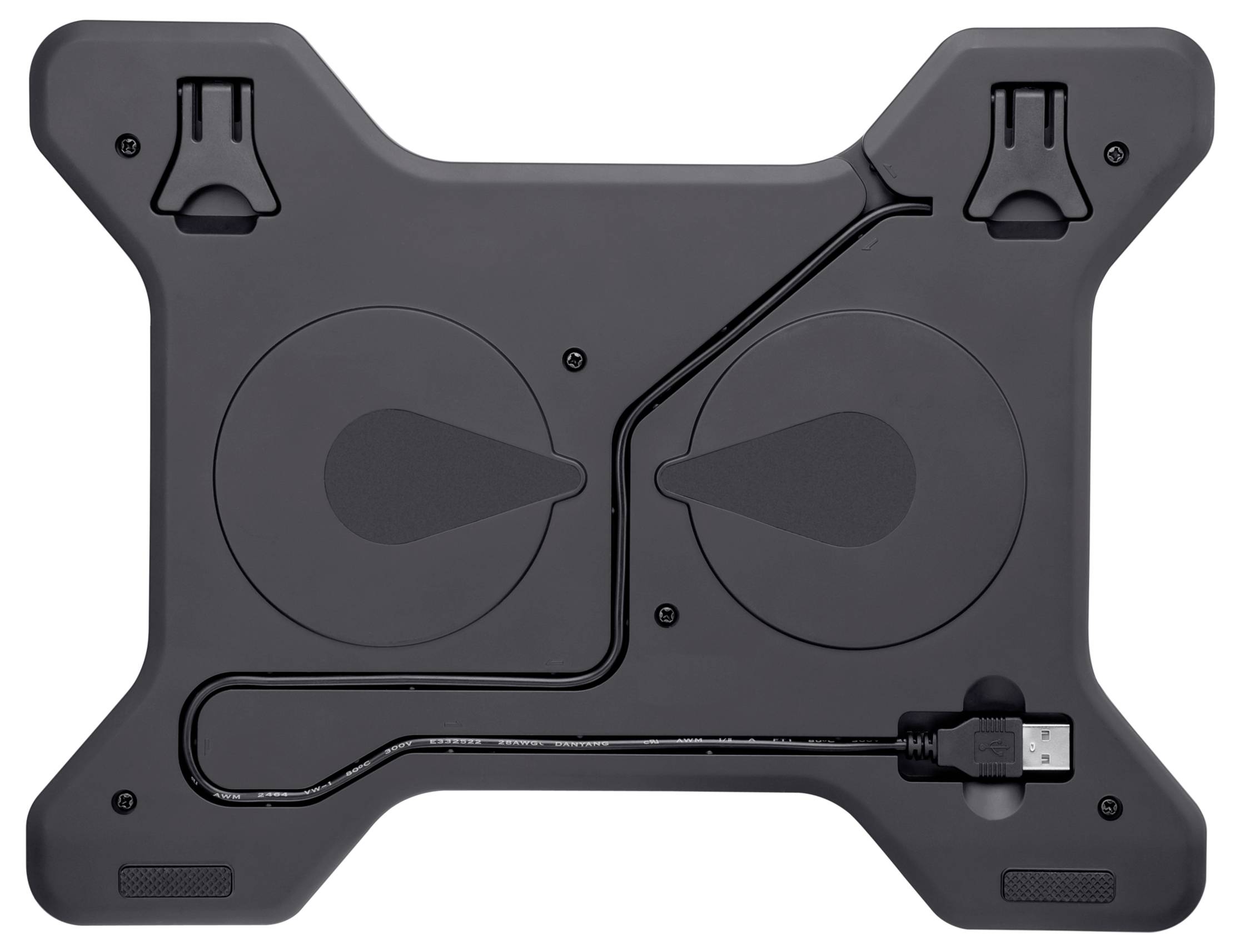 Přenosný chladič notebooku se dvěma ventilátory a USB kabelem, pohled zezadu.