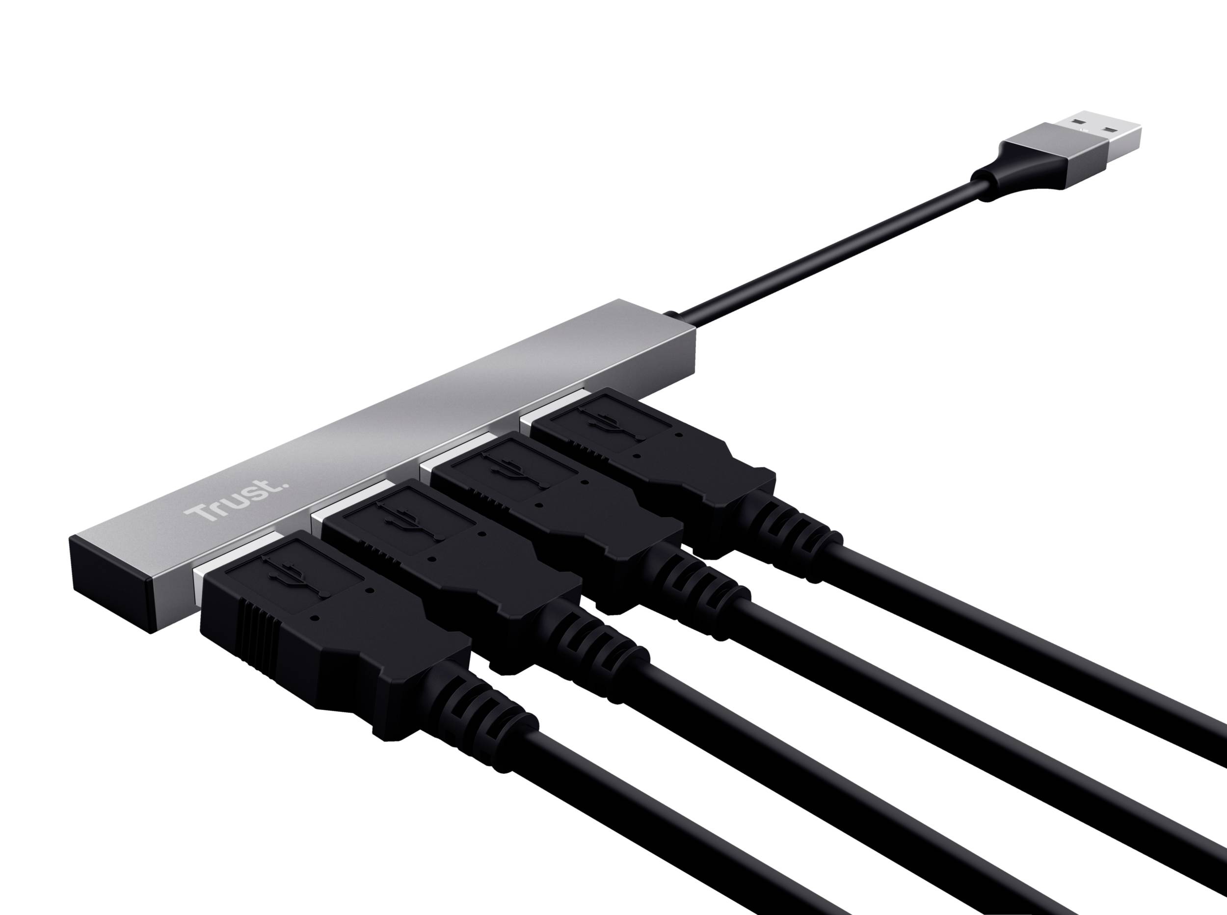 USB hub s pěti USB porty, černý, ukazuje možnosti připojení pro více zařízení.