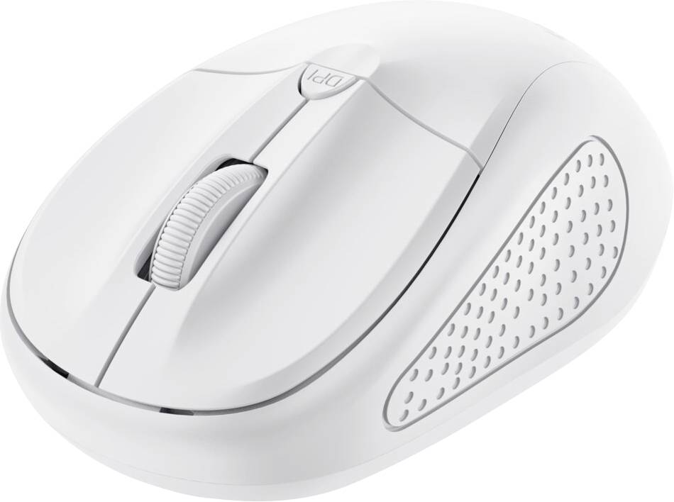 Bílá počítačová myš s ergonomickým designem a žebrovanou boční plochou pro lepší úchop. Obsahuje kolečko pro scrollování a přepínač DPI.