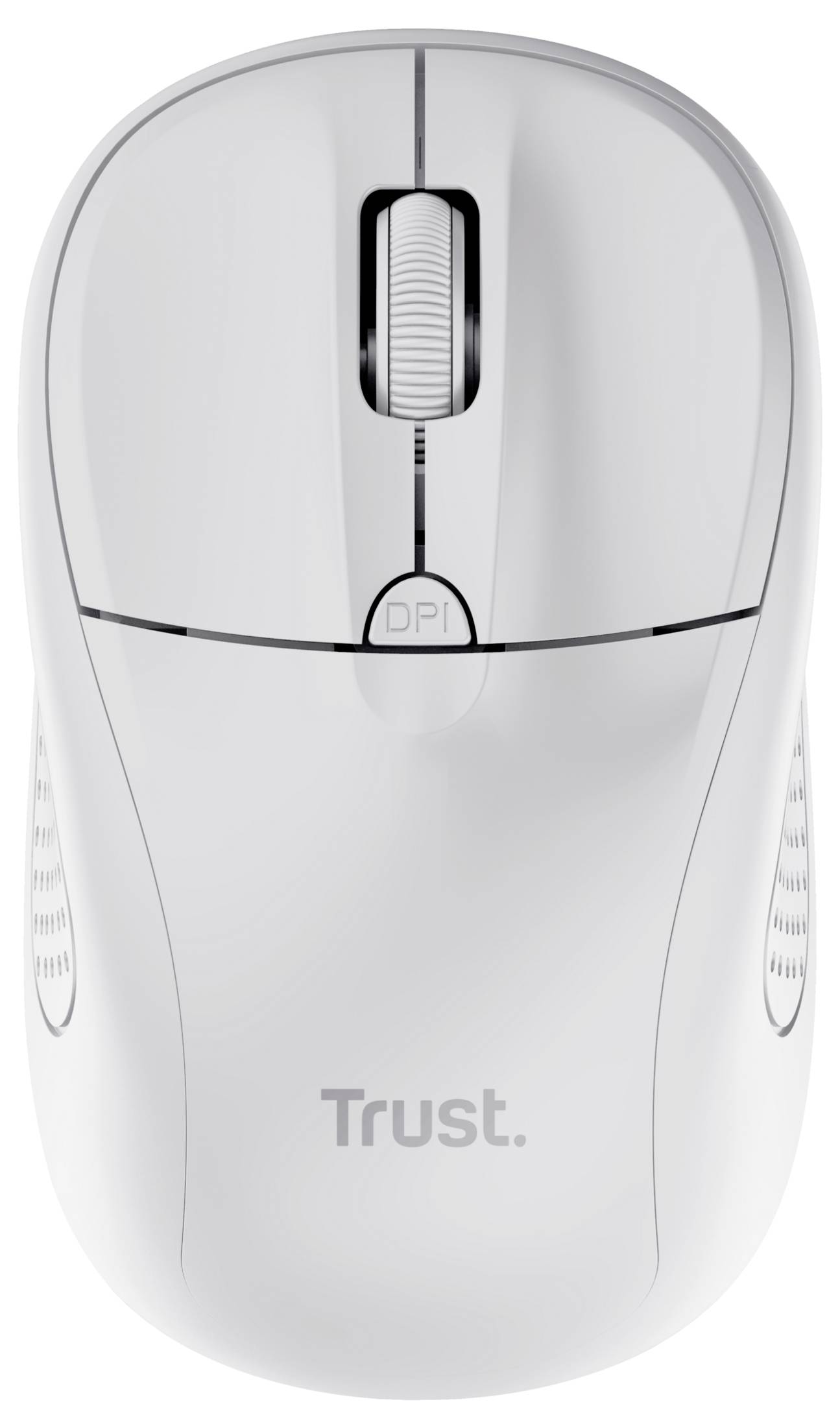 Bílá bezdrátová počítačová myš s nenápadným logem 'Trust' a tlačítkem DPI pod rolovacím kolečkem. Ergonomický design pro pohodlné používání.