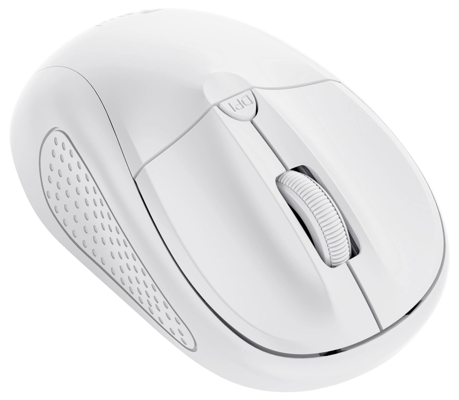 Bílá bezdrátová počítačová myš s ergonomickým designem a gumovanými úchyty po stranách.