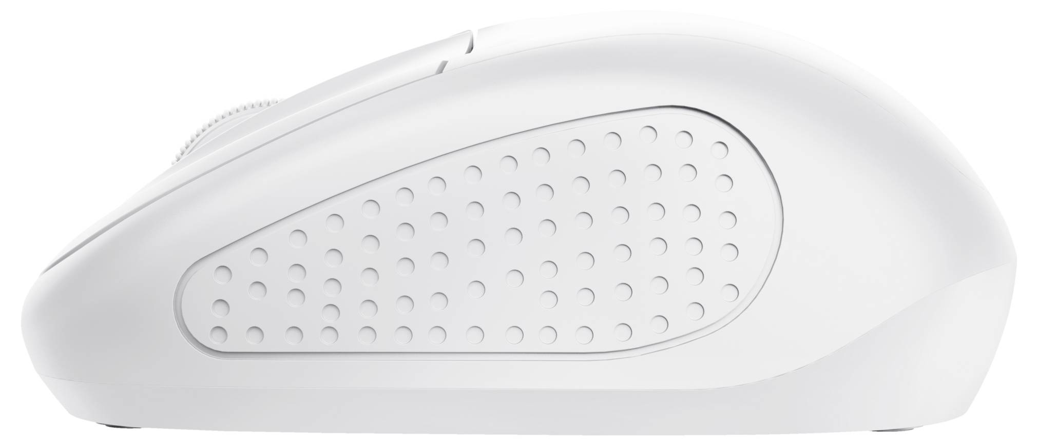 Bílá počítačová myš s postranním gumovým povrchem pro lepší úchop. Je bezdrátová a má ergonomický design.