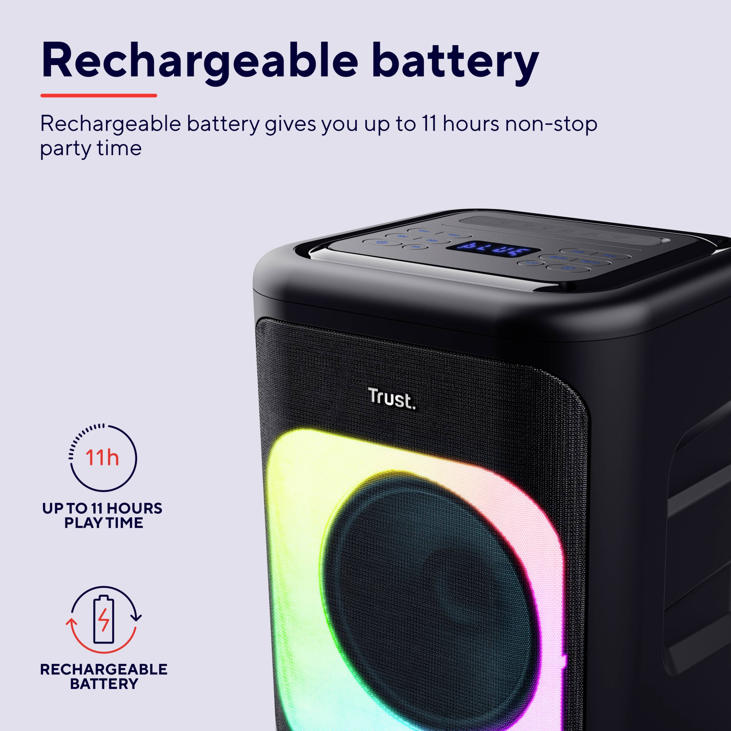 Přenosný reproduktor s LED osvětlením, který poskytuje až 11 hodin nepřetržitého provozu při plném nabití.