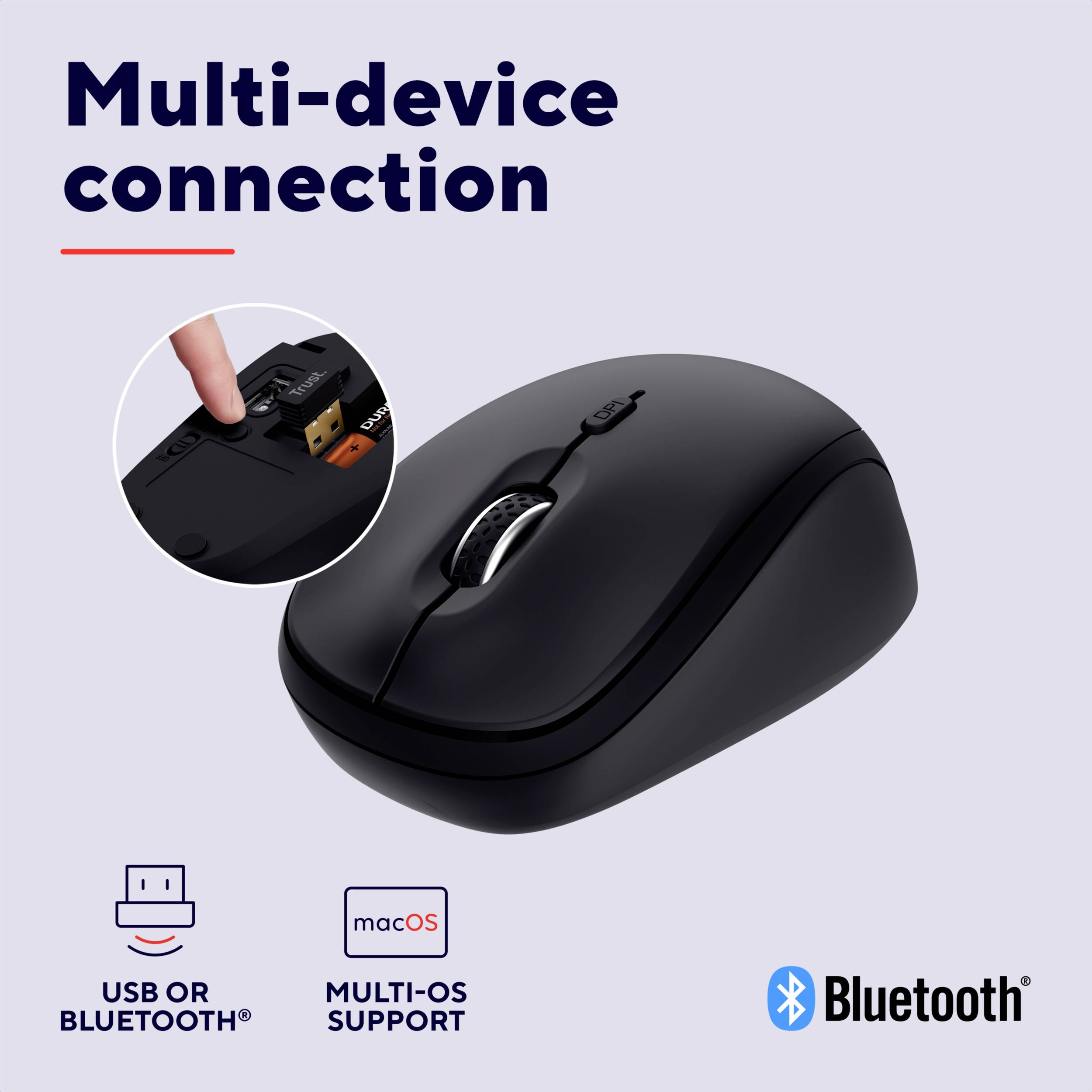 Černá počítačová myš s textem: 'Připojení více zařízení'. Symbol USB a Bluetooth, logo macOS. Ukazuje podporu pro USB a Bluetooth.