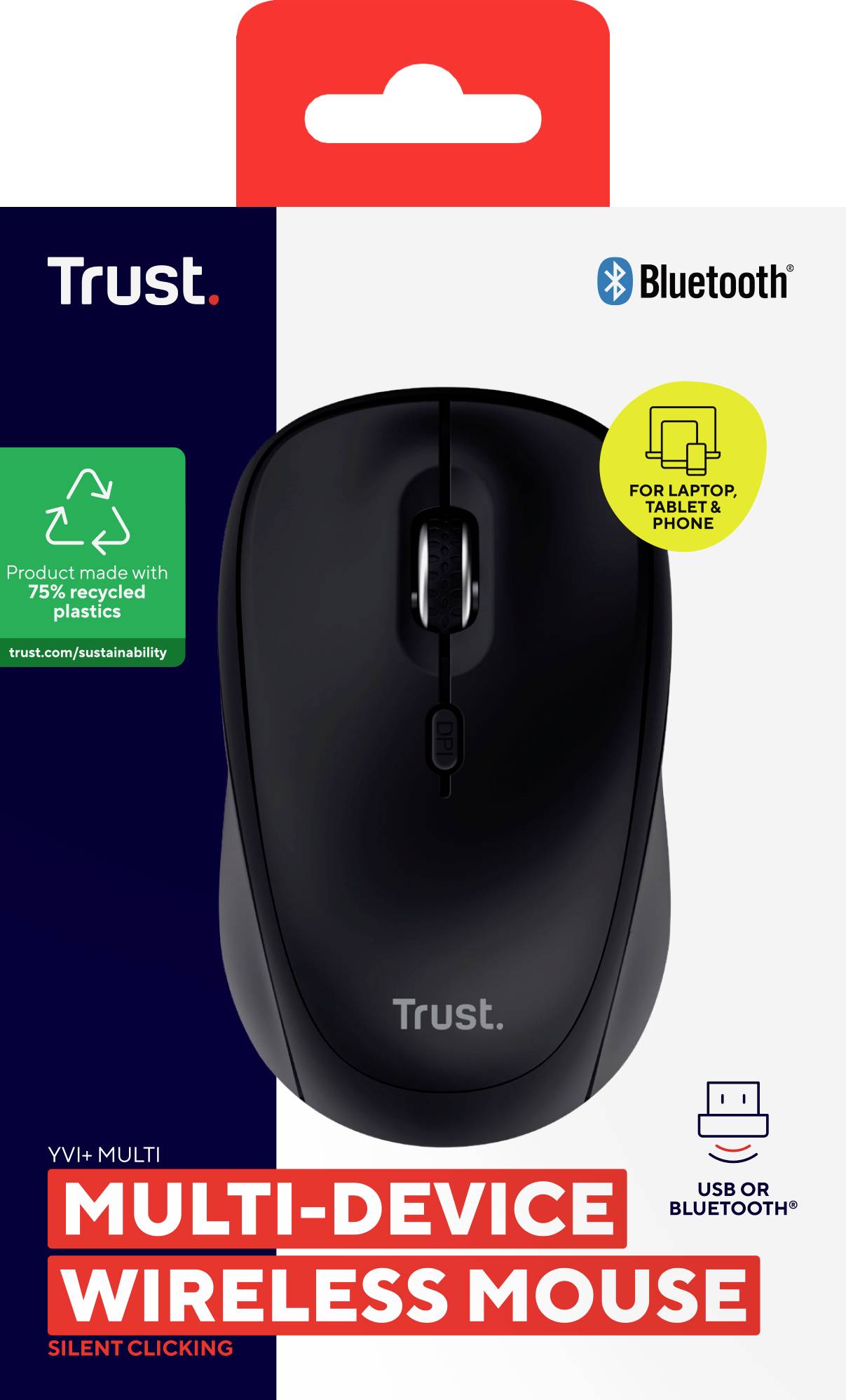 'Obrázek klávesnice ukazuje bezdrátovou myš značky Trust. Kompatibilní s notebookem, tabletem, telefonem. Vyrobena z 75 % recyklovaného plastu.'