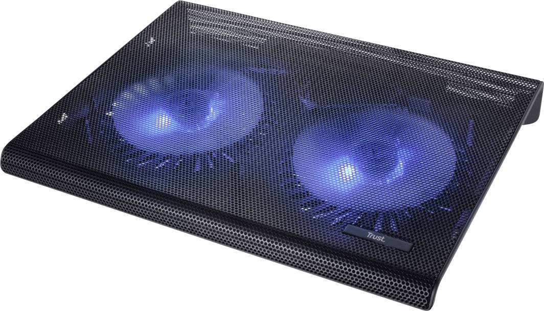 Chladič na notebook v černé barvě se dvěma svítícími modrými ventilátory, které slouží k chlazení notebooku.