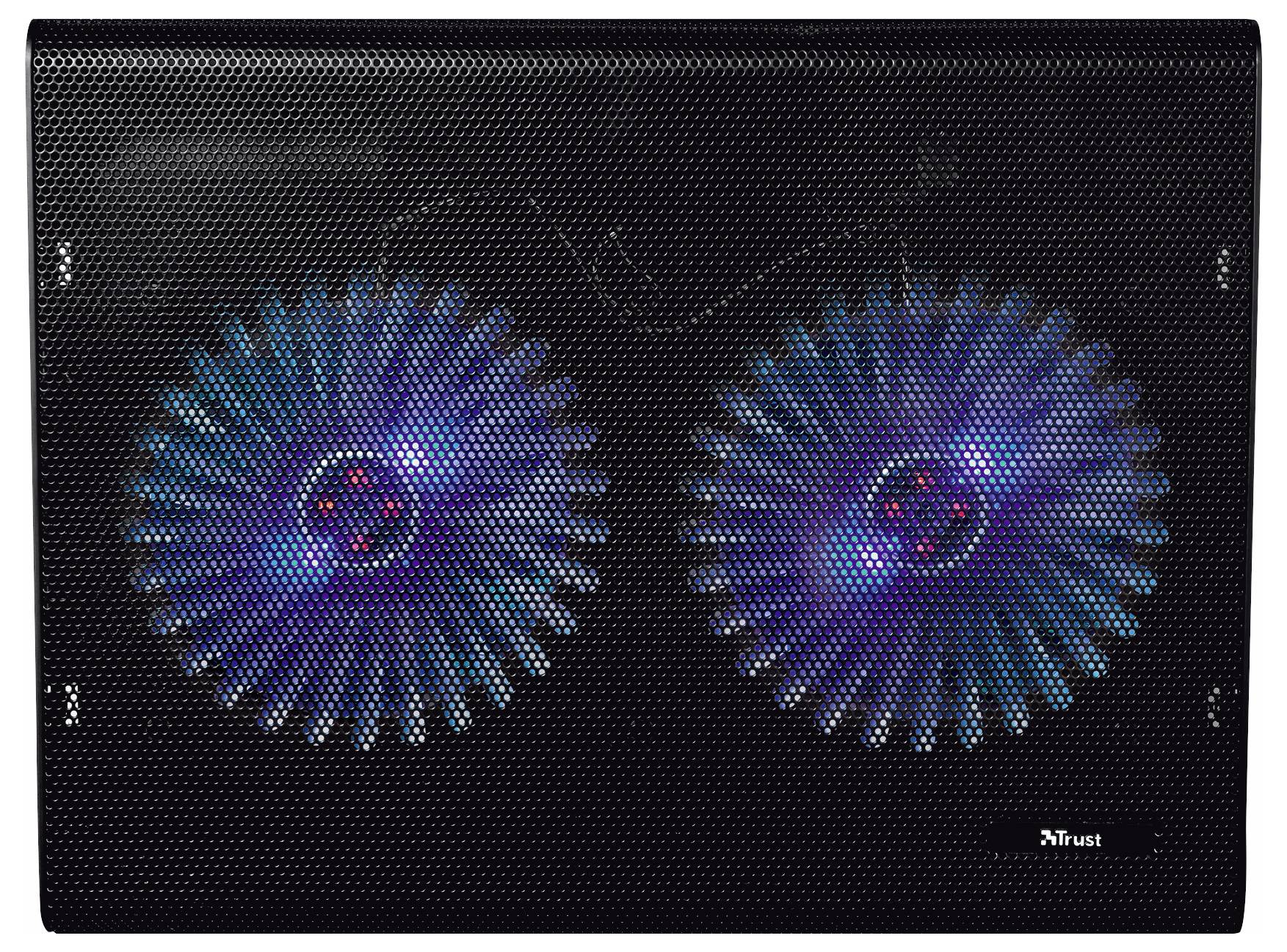 Černý chladič na notebook se dvěma svítícími modrými ventilátory viditelnými skrz mřížku.