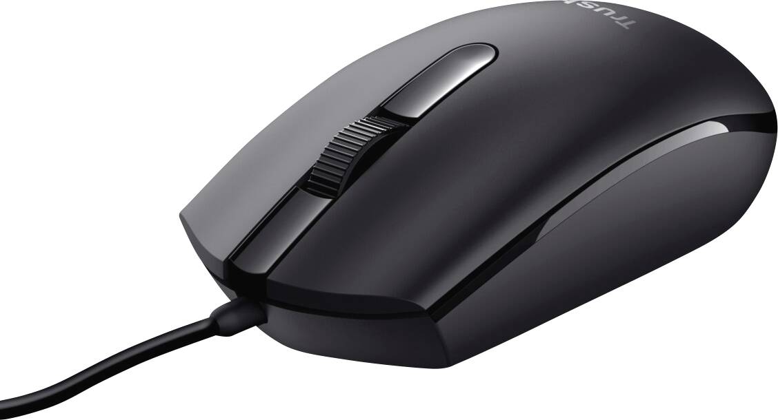 Černá kabelová počítačová myš s ergonomickým tvarem, kolečkem pro posun a dvěma tlačítky, na bílém pozadí.