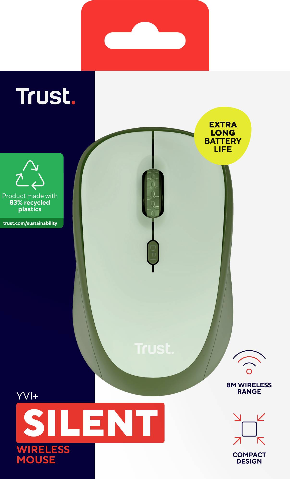 Bezdrátová myš Trust v zelené barvě s ergonomickým designem. Funkce: extra dlouhá výdrž baterie, kompaktní, dosah 8 m.