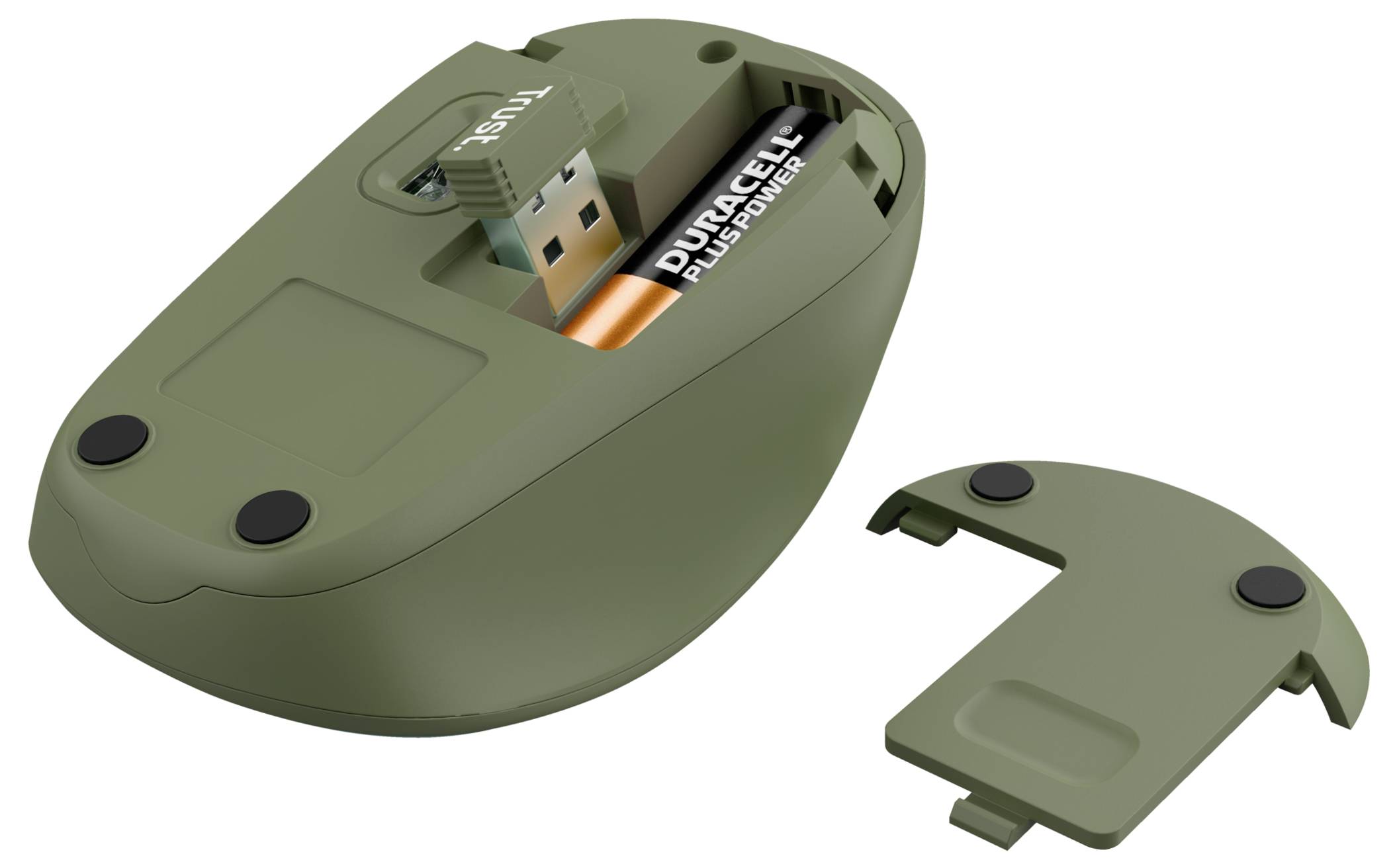 Otevřená bezdrátová myš s odejmutým krytem bateriového prostoru, zobrazující vestavěný akumulátor a USB přijímač uvnitř.
