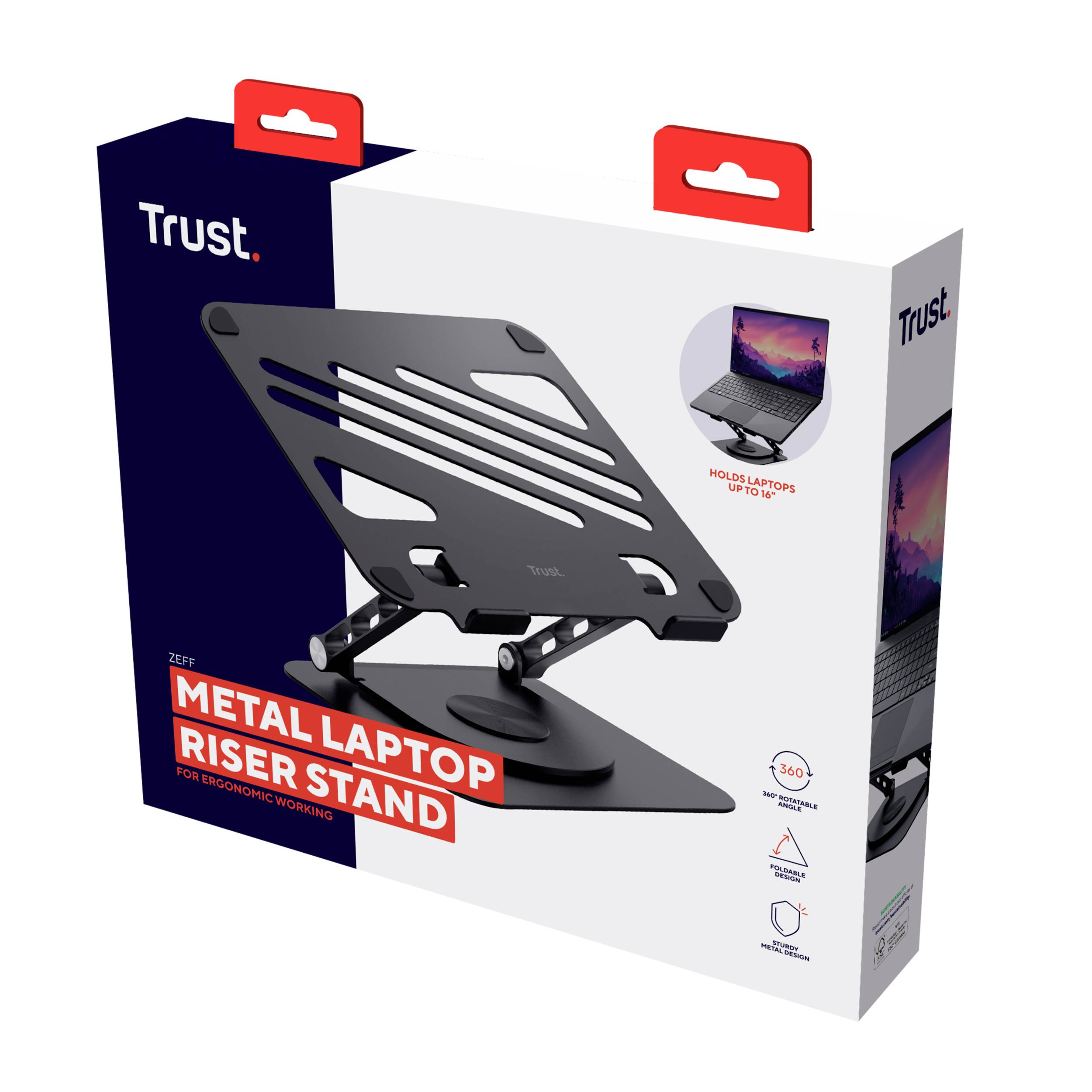 Kovový stojan na notebook vyobrazený na obalu, s nastavitelným designem pro ergonomické použití, značka 'Trust', s vyobrazením notebooku na pravém okraji.