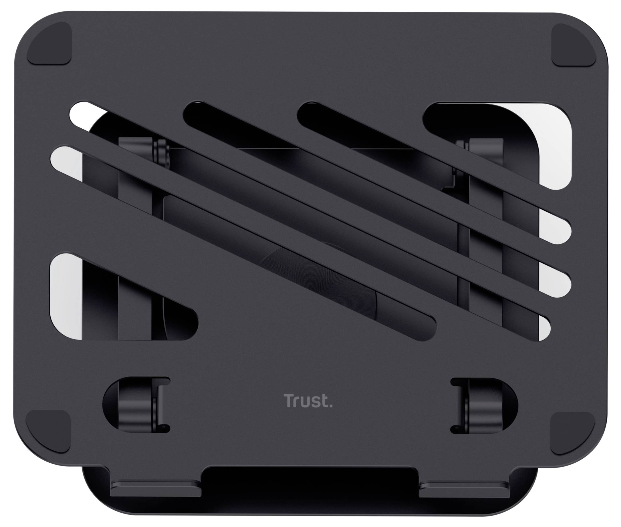 Černý stojan na notebook s diagonálními otvory a slovem 'Trust' uprostřed, který ukazuje moderní a minimalistický design.