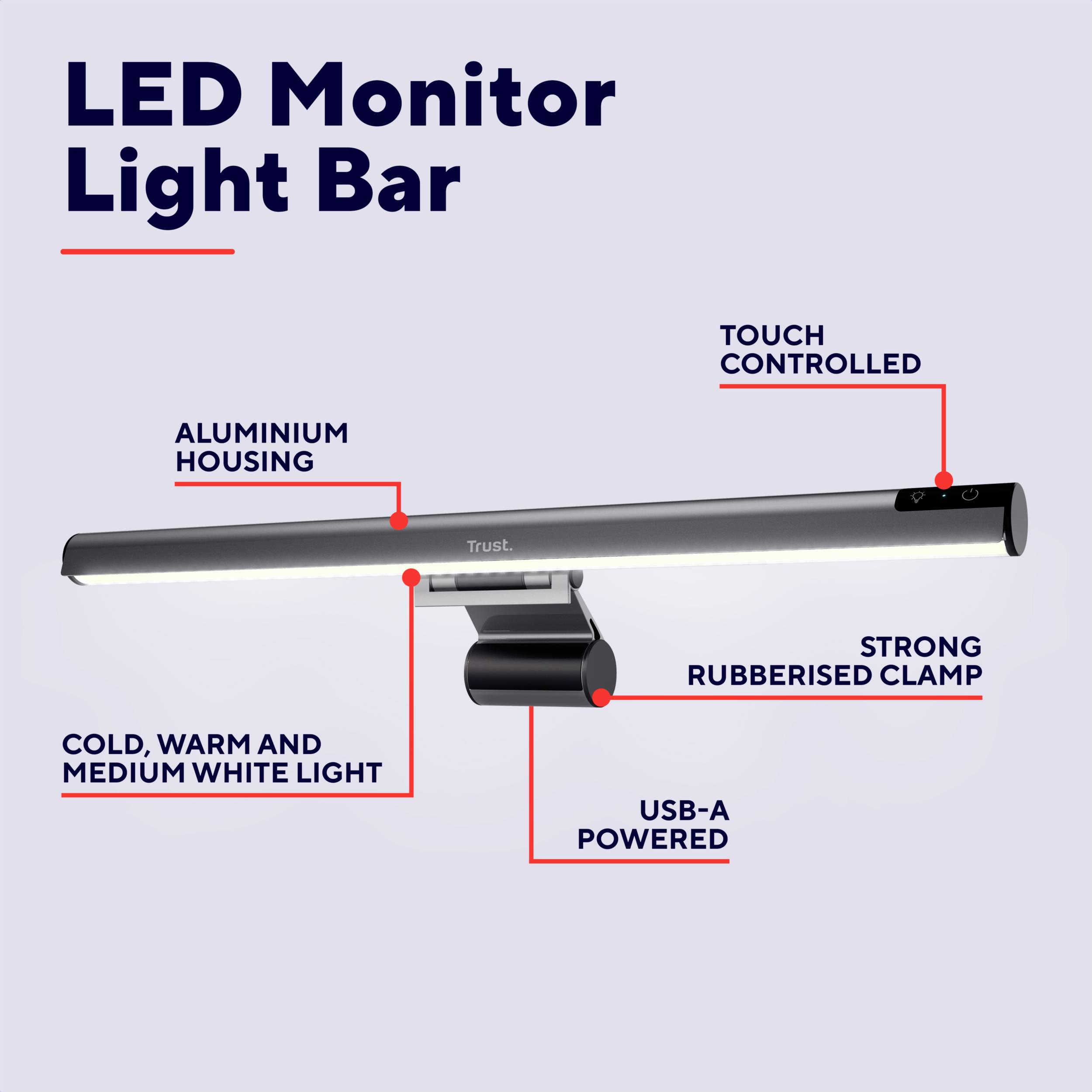 LED monitor světelná lišta s hliníkovým pouzdrem. Dotykové ovládání. Studené, teplé a neutrální bílé osvětlení. Napájení přes USB-A. Silný pogumovaný klip.
