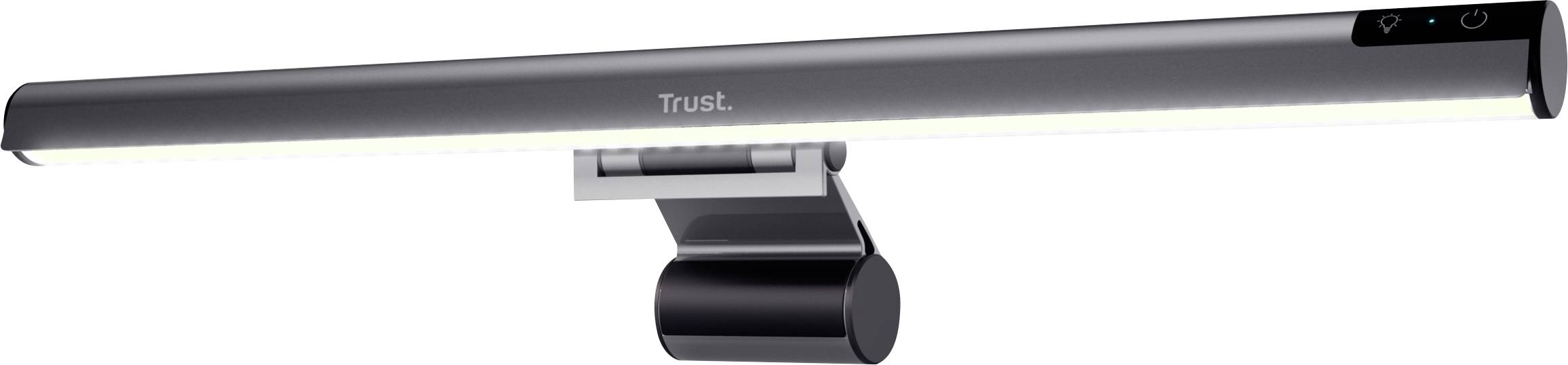 Černá LED lampa na monitor se stříbrnou upevňovací sponou, vhodná pro osvětlení počítačových monitorů. Označení 'Trust'.