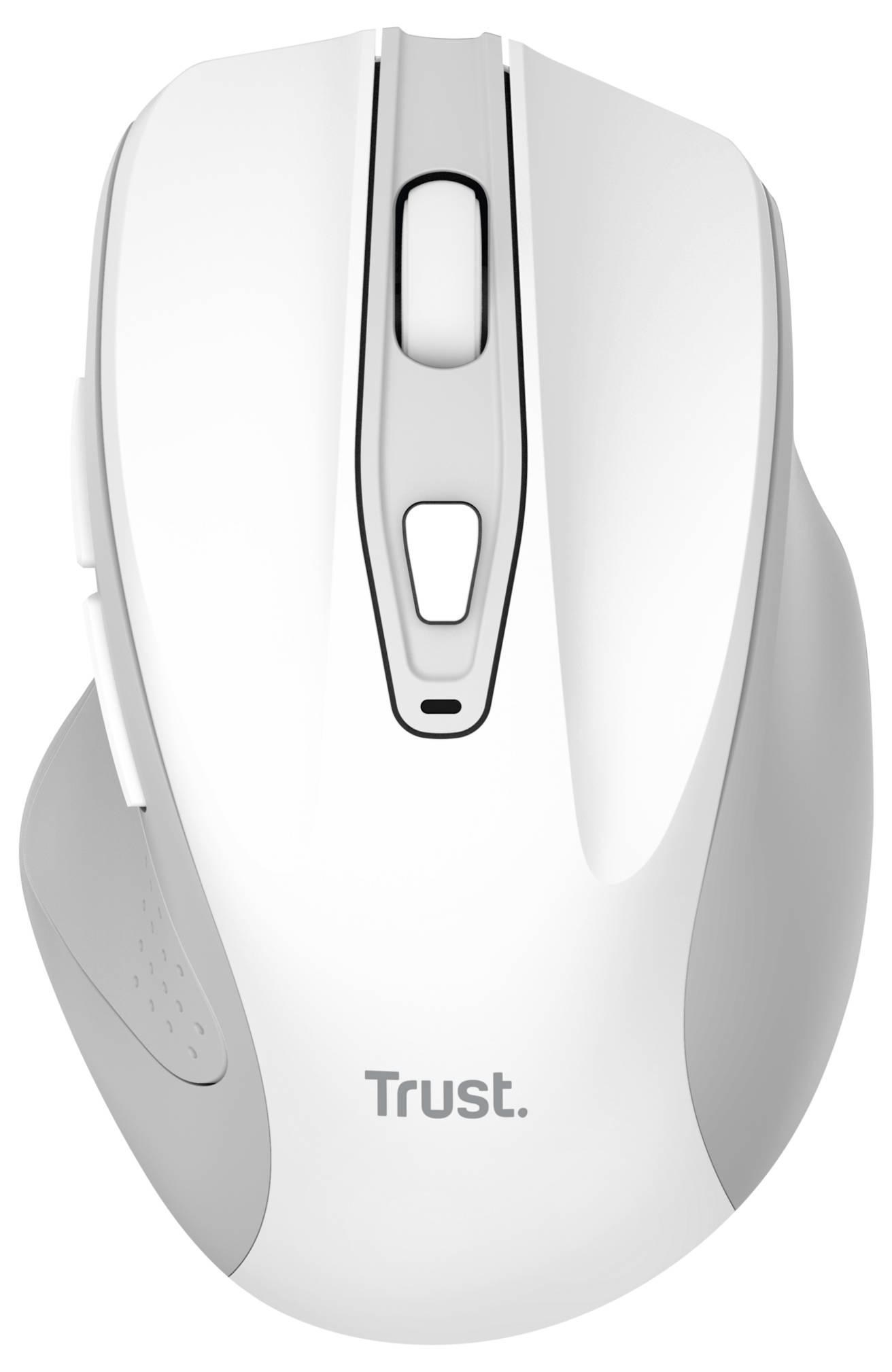 Bezdrátová bílá počítačová myš značky Trust s ergonomickým designem a rolovacím kolečkem uprostřed.