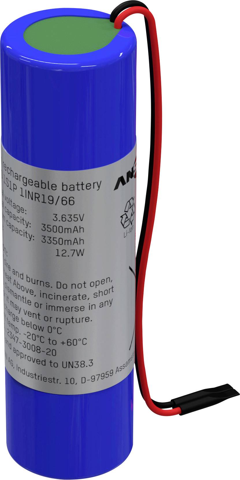 Modrý válcový akumulátor s červeným a černým kabelem. Štítek zobrazuje napětí 3,635V, kapacitu 3500mAh a bezpečnostní upozornění.