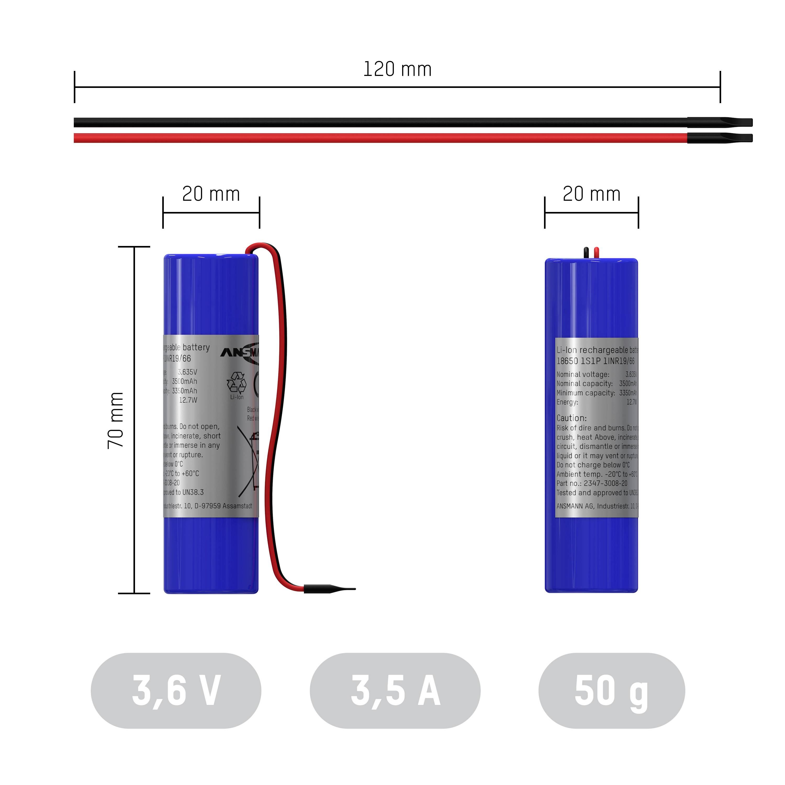Modrý akumulátorový pack, 3,6 V, 3,5 A, 50 g, rozměry: 70 mm výška, 20 mm šířka. Nahoře: schéma kabelu, šířka 20 mm, délka 120 mm.