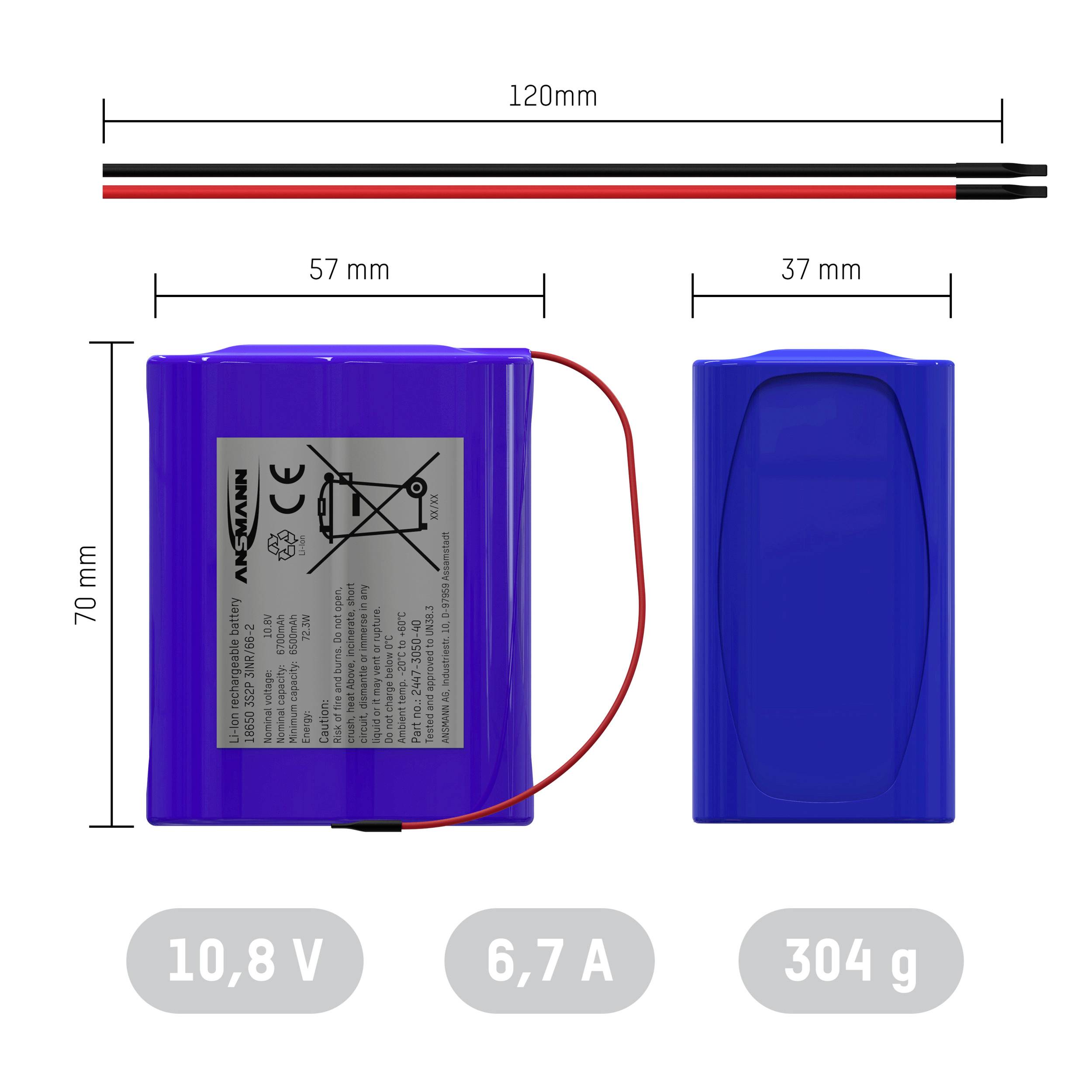 Modrý akumulátor s rozměry 70 x 57 x 37 mm, napětí 10,8 V, 6,7 A, hmotnost 304 g. Nahoře vedou kabely o délce 120 mm.